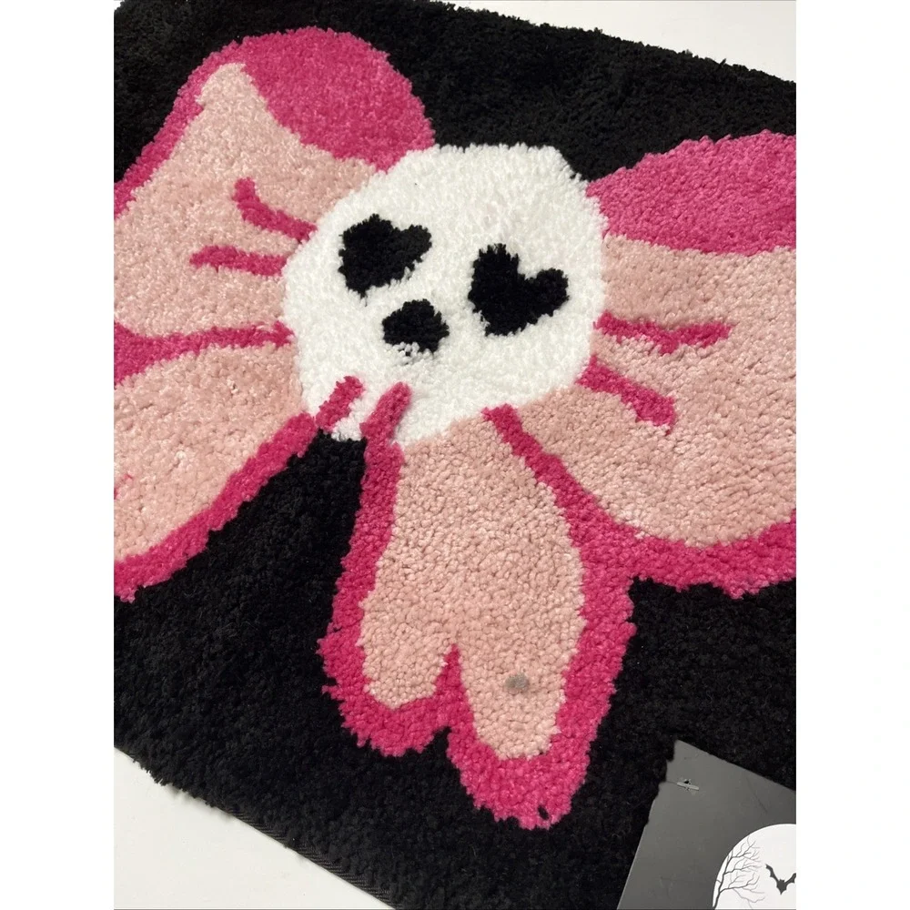 NWT Pink Skull Bow Halloween Bath Rug Goth Coquette Decorative Bathroom Mat